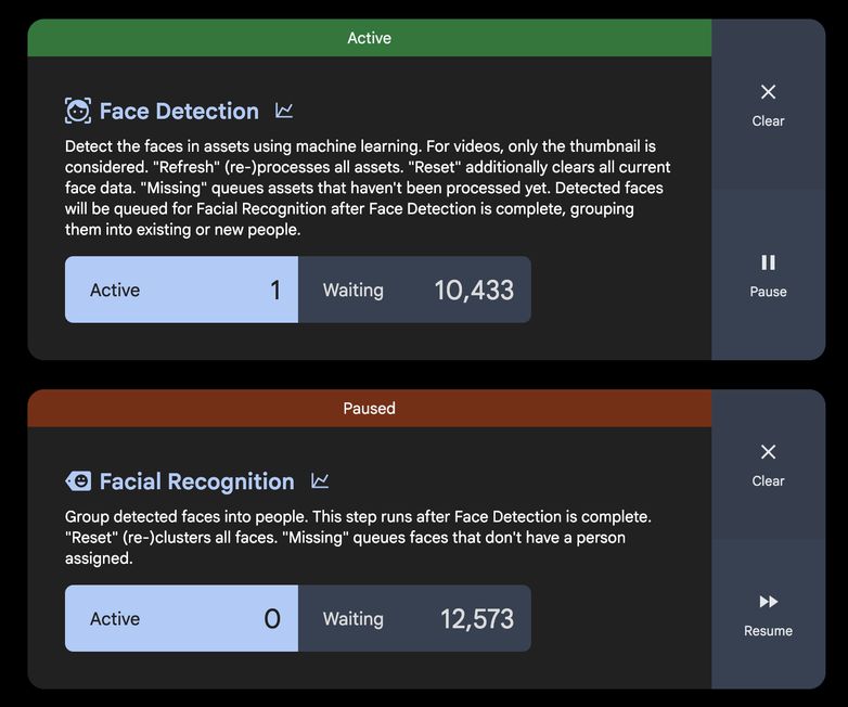 Immich job queue interface showing various processing tasks